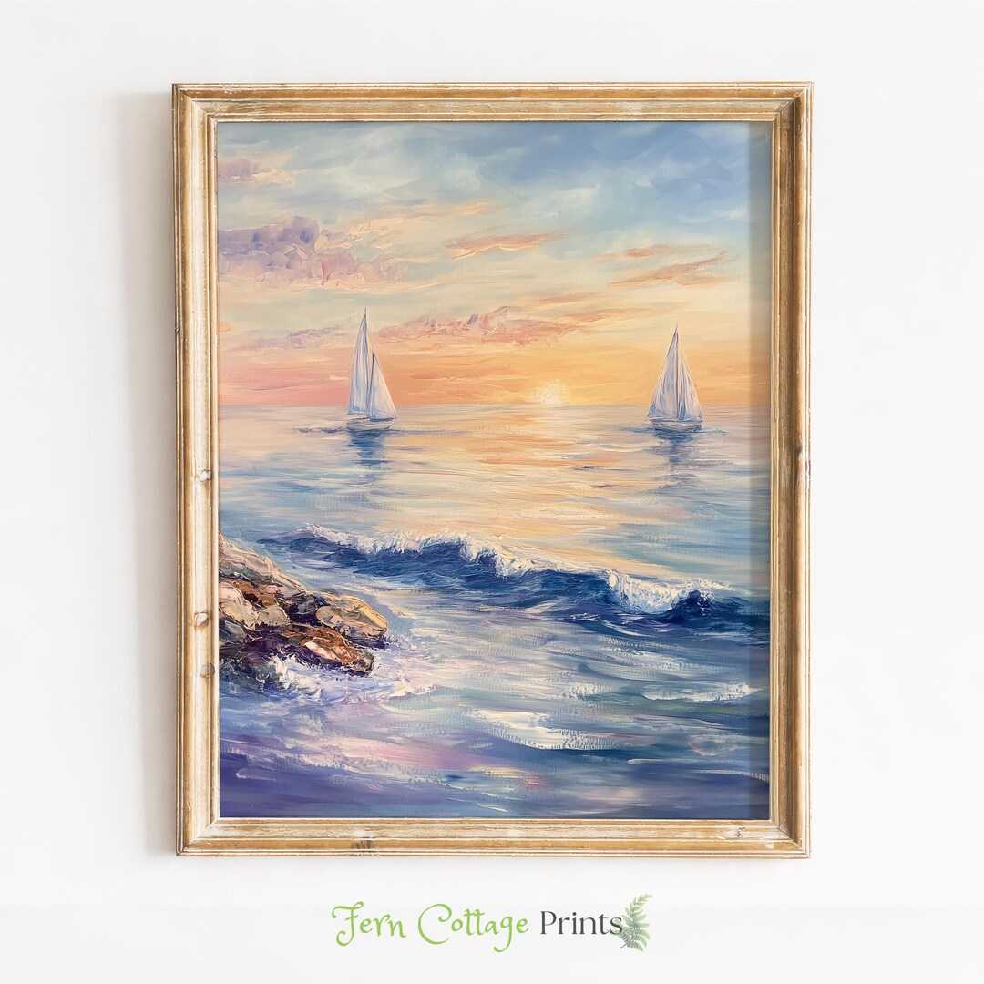 Sailboats Sunset Print – Impressionist Seascape Coastal Wall Art ...