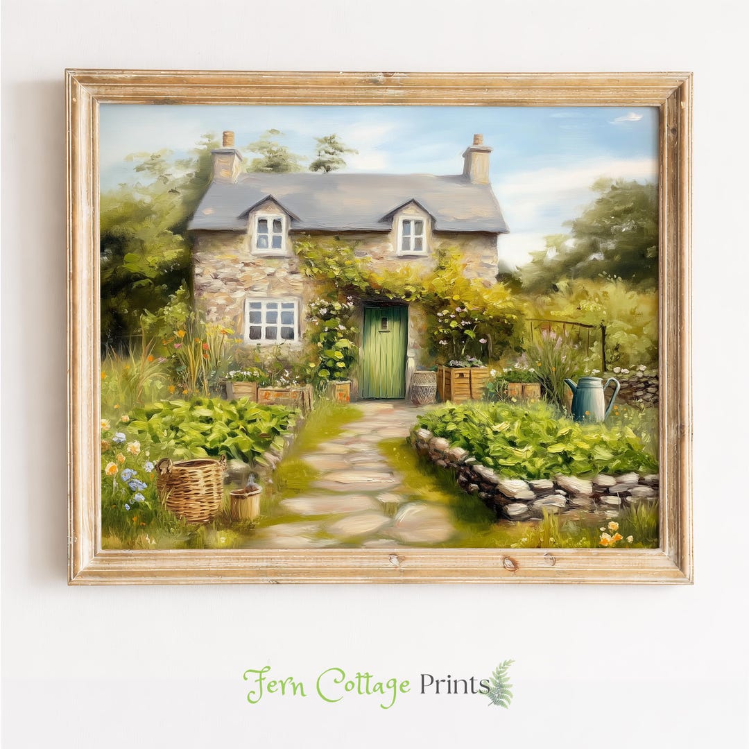 Stone Cottage Garden Painting – Earthy Countryside Wall Art (digital ...