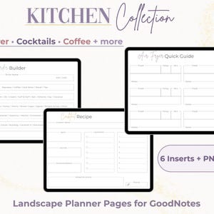 Peut inclure: Pages de planificateur numérique pour GoodNotes, sur le thème de la "Collection Cuisine". L'image montre trois pages de planificateur numérique avec des bordures noires et des fonds blancs. Comprend des modèles pour les commandes de café, les recettes et un guide rapide pour friteuse.