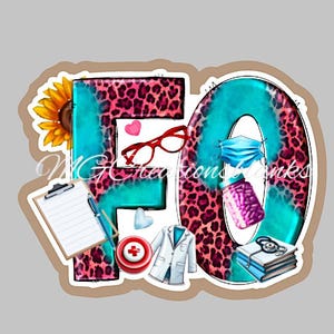 May include: A decorative sticker featuring the letters "FO" with a teal and leopard print design. The image includes medical-themed illustrations such as a stethoscope, pills, and a face mask, along with a sunflower and eyeglasses.