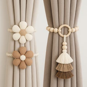 Boho Curtain Tiebacks: Magnetic Flower, Wood Bead & Tassel Curtain Holders