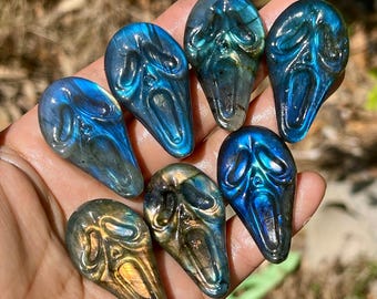 Labradorite Ghost Face Crystal | Flash Stone Horror Carving | Gothic Halloween Decor | Handmade Gemstone Sculpture