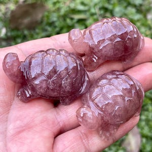 May include: Three small, carved gemstone turtles in shades of pink and purple. The turtles have detailed shell patterns and are displayed on a hand. The gemstones have a polished, reflective surface.