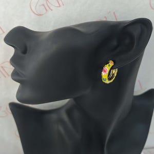 Gold Yellow Enamel Floral Hoop Earrings – Stainless Steel Colorful Flower Design, Artistic Statement Jewelry Gift for Women