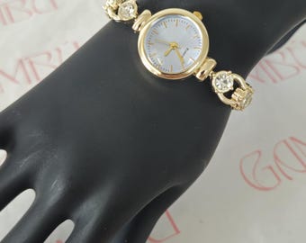 Gold Bracelet Watch – Women’s Stainless Steel Chain Wristwatch with Crystals and Light Blue Dial, Elegant Jewelry Timepiece for Her