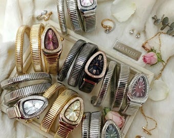 Serpent Wrap Watch – Stainless Steel Snake Coil Bracelet Timepiece with Crystal Bezel, Vintage Style Statement Watch for Her