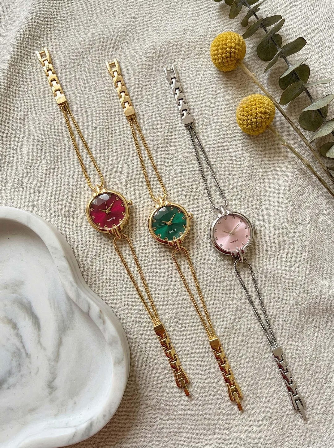 Dainty Double Chain Watch – Vintage Style Faceted Glass Timepiece With ...