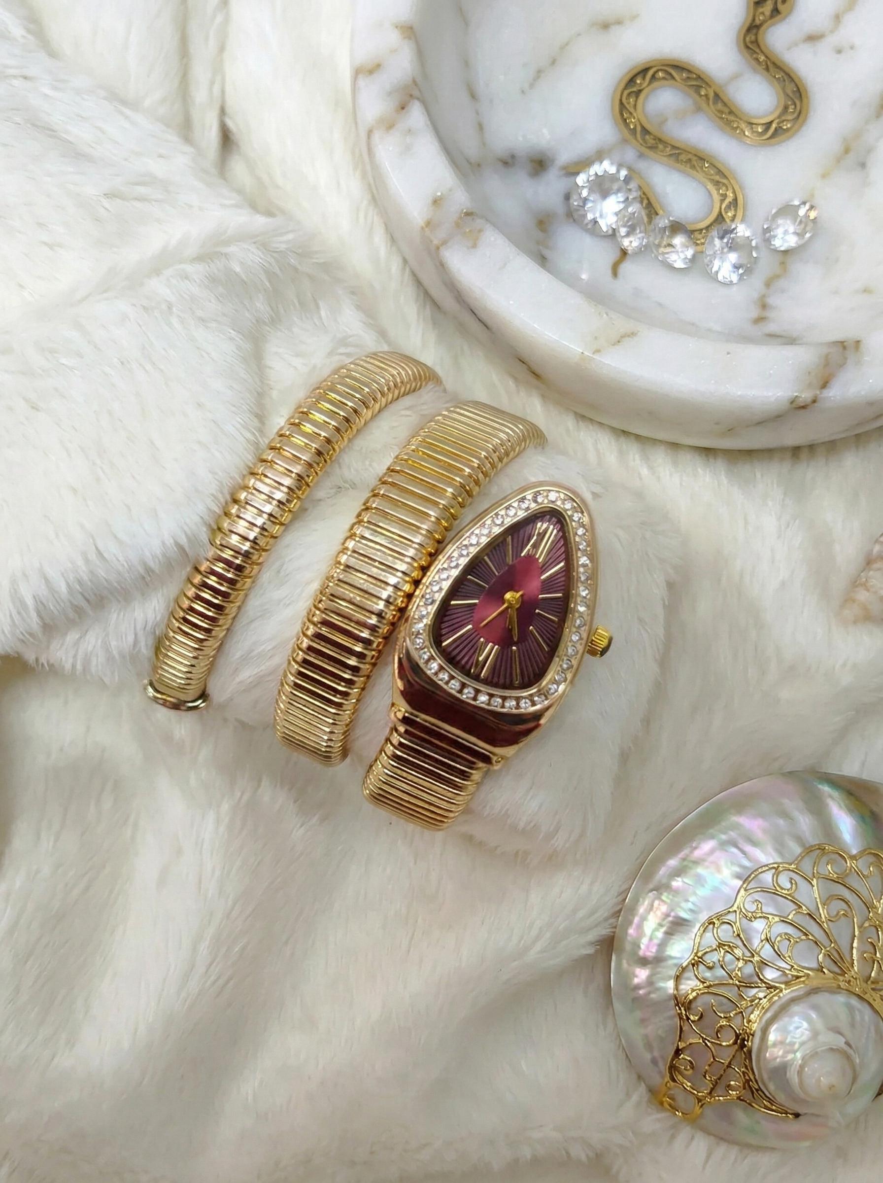 Luxury Serpent-Style Coil Wrap Watch Bracelet Crystal Bezel Genoa Coiled Cuff Snake Wrist Watch, Vintage Clear  main image 2