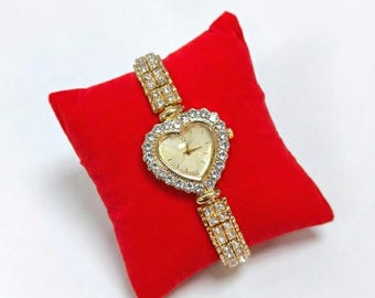 Gold Heart Watch for Women, Cubic Zirconia Bracelet Watch, Vintage Statement Jewelry, Stainless Steel Diamond Style Gift for Her