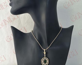 Gold Smaragd CZ Anhänger Halskette - Vintage Edelstahl Kugelkette
