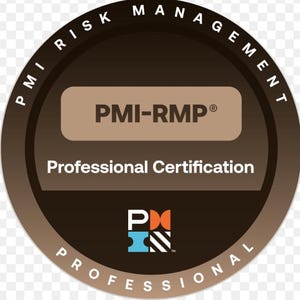 May include: A circular badge with the text "PMI Risk Management" and "Professional Certification". The badge has a brown and tan color scheme with the text "PMI-RMP" in the center.