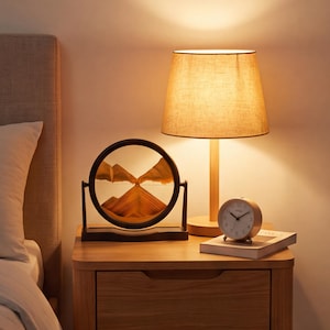 May include: A table lamp with a light-colored fabric shade and wooden base, a circular black frame containing moving sand art that forms mountain-like shapes, and a small round white analog alarm clock resting on a book.