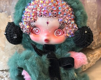 Custom Handmade Skull panda Plush:  Plush Doll with Glass Rhinestones – Display Piece,  perfect for Doll Collection!