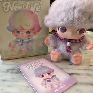May include: A plush doll with a fluffy, light purple hat and matching outfit. The doll has large eyes and a decorative scarf. A box and card with the text "Journal of New Life" are also in the image.