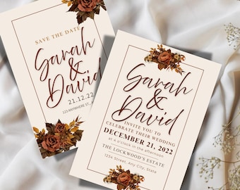 Fall Floral Wedding Invitation Autumn Wildflower Wedding Invite Editable Orange Burgundy Rustic Wedding Template Editable Printable Bundle
