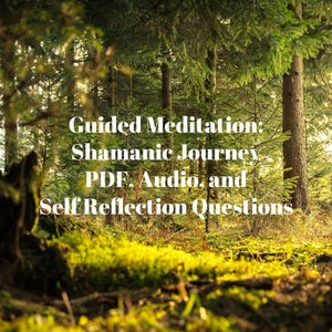 May include: A serene forest scene with sunlight filtering through the trees. The image features the text "Guided Meditation: Shamanic Journey PDF, Audio, and Self Reflection Questions" in white, suggesting a spiritual or wellness product.