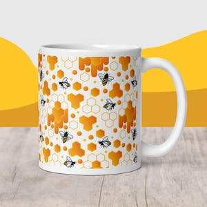 Honeybee Hexagon Art Mug, Cottagecore Beekeeping Pottery, Save Pollinators Tea Cup