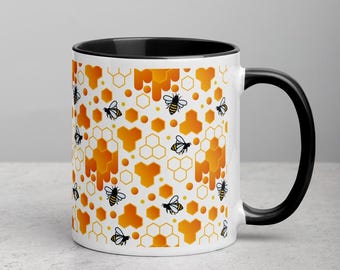 Bee Accent Mug Honeycomb Ceramic Coffee Cup Colored Handle Mug Bee Coffee Mug Aesthetic Kitchen Mug Summer Gift 11oz 15oz
