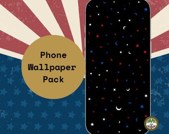 Patriotic Stars Moon Phone Wallpaper Pack, Americana Celestial Design, Red White Blue Mobile Wallpaper (PNG Digital Download)