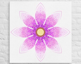Pink Floral Mosaic Mandala Wall Art – Spiritual Boho Canvas Decor for Meditation Room Living Room