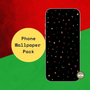 May include: A smartphone displaying a black digital wallpaper featuring a pattern of small red, yellow, and green stars and crescent moons. A yellow circle to the left contains the black text Phone Wallpaper Pack, and a small circular logo is visible.
