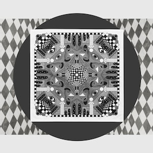 May include: A square textile featuring a symmetrical black, white, and gray graphic pattern. The design includes repeating architectural columns, checkerboard motifs, stylized eyes, clouds, and geometric shapes arranged in a complex, intricate layout.