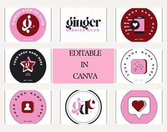 May include: A collection of round and square logo designs in pink, black, and white. The logos feature text such as "Ginger Diaries Club" and "Your Shop Name Here". Some logos include icons like a phone, star, and heart. The text "Editable in Canva" is also present.