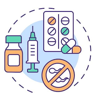 May include: A graphic titled Contraction Counselling for Providers featuring a medicine bottle with a green cap, a syringe, a blister pack of pills, loose capsules, and a circular orange prohibition symbol containing two sperm icons in a blue circle.