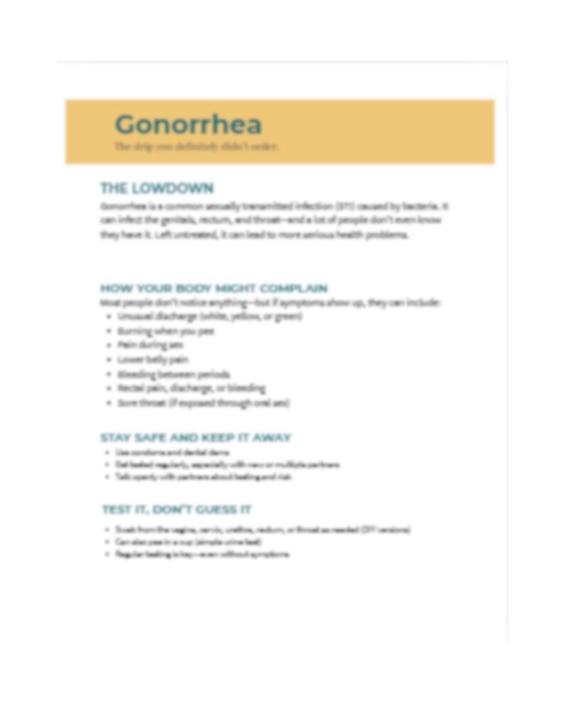 May include: A white document with the title "Gonorrhea" in a yellow banner. The text describes symptoms, prevention, and testing for the sexually transmitted infection.