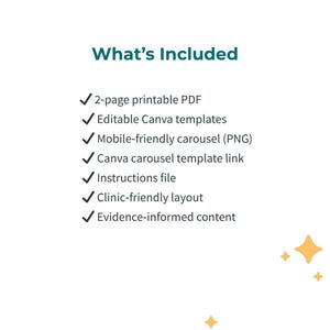 May include: A white background with the teal text "What's Included" and a list of included items. The list includes a 2-page printable PDF, editable Canva templates, a mobile-friendly carousel, and more. Gold star graphics are in the bottom right corner.