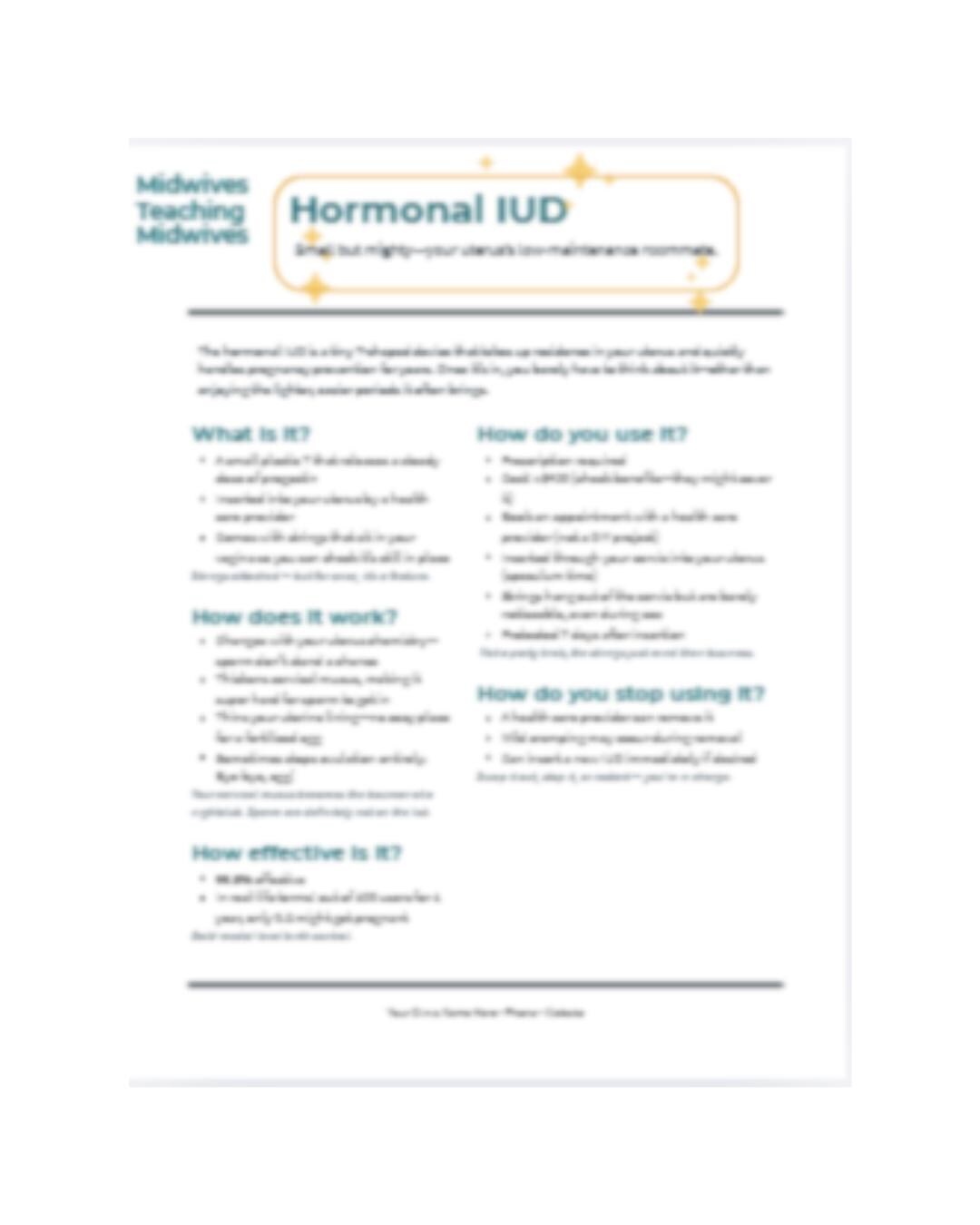 Hormonal IUD Client Handout | Printable PDF + Editable Canva Template ...