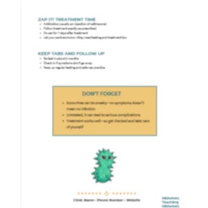 May include: A white informational sheet with text and a cartoon illustration of a green germ. The text includes instructions for treatment and follow-up care. The sheet also includes a section titled "DON'T FORGET".