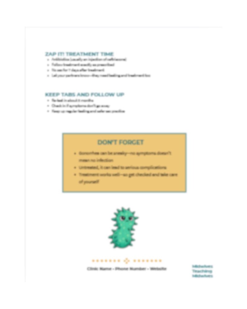 May include: A white informational sheet with text and a cartoon illustration of a green germ. The text includes instructions for treatment and follow-up care. The sheet also includes a section titled "DON'T FORGET".