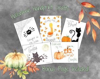Puede incluir: Una colección de plantillas de manualidades de huellas de manos con temática de Halloween. Los diseños incluyen una araña en una telaraña, una huella con caramelos de maíz, un gato negro con una calabaza y una calabaza hecha con huellas de manos.