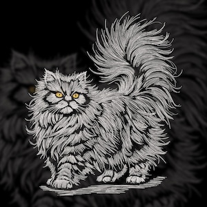 Peut inclure: Illustration détaillée d'un chat persan avec une longue fourrure fluide. Le chat est représenté dans des tons de gris et de blanc, avec des yeux jaune vif. Le fond est noir, soulignant le design complexe du chat.
