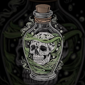May include: A detailed illustration of a skull inside a glass bottle. The skull is white with intricate shading, surrounded by green, vine-like elements. The bottle has a cork stopper and is set against a dark background.
