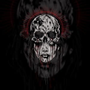 May include: A black and white illustration of a skull-faced figure with red accents. The figure has a halo of red lines around the head and red streaks resembling blood dripping from the eyes and face. The background is black.