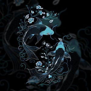 May include: An illustration of two koi fish swimming in opposite directions, surrounded by floral elements. The fish are black with turquoise accents, and the flowers are white and turquoise. The background is black with a subtle, blurred pattern.