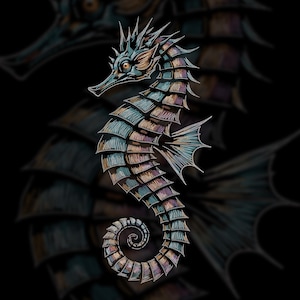 May include: Detailed illustration of a seahorse with a textured, embroidered appearance. The seahorse features a color palette of blues, greens, and purples, with a curled tail and spiky dorsal fin against a black background.