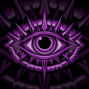 Puede incluir: Ilustración digital de un ojo morado con un iris detallado y elementos puntiagudos en forma de corona. El ojo está centrado sobre un fondo negro, creando un contraste llamativo. El diseño tiene un tema místico o espiritual.