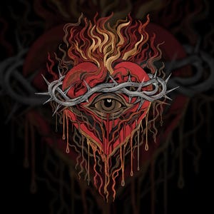 May include: An embroidered patch design featuring a central red heart with a realistic eye in the middle. A crown of thorns encircles the heart, while flames rise from the top. Red liquid drips from the base of the heart against a black background.