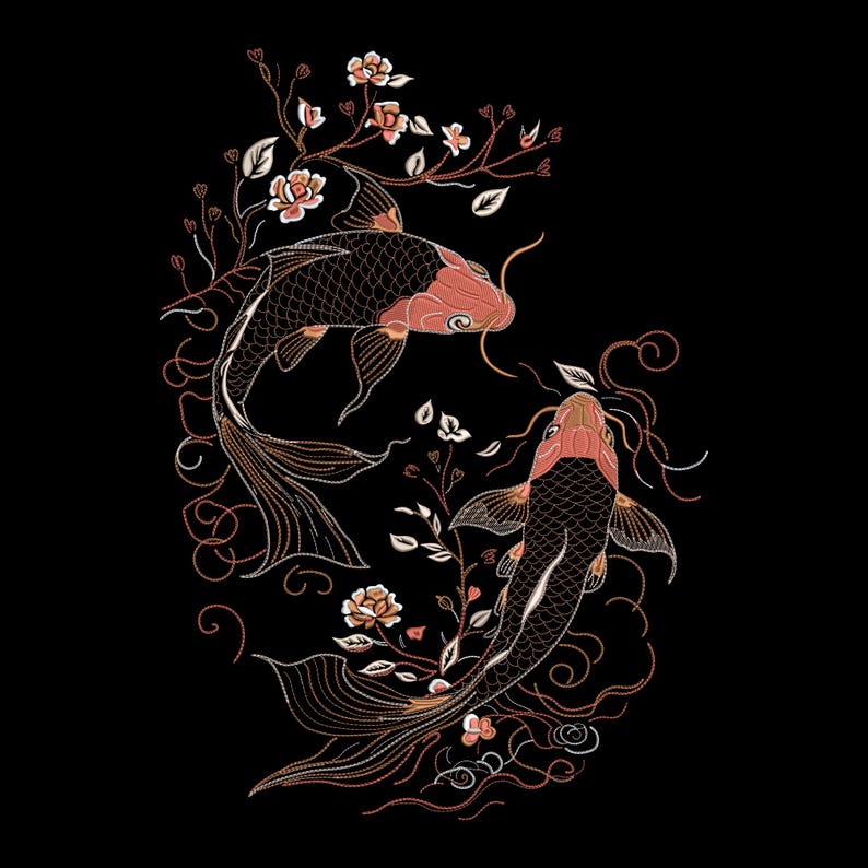 Koi Fish Floral Embroidery Design | Japanese Art (pes, Dst, Exp, Jef ...