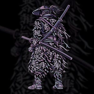 May include: Illustration of a samurai warrior in shades of purple and white, viewed from the back. The warrior wears a hat and carries two swords. The clothing is adorned with Japanese characters. The background is black.