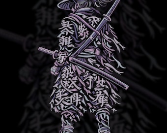 Diseño de bordado de guerrero samurái / Arte japonés Kanji / Parche trasero de samurái / PES DST EXP Jef