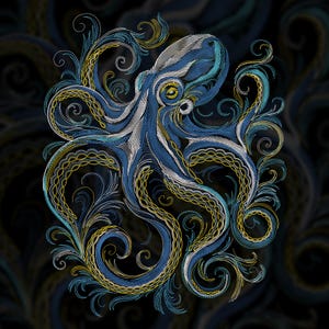 Puede incluir: Diseño de pulpo bordado en tonos azules, blancos y dorados. El pulpo está rodeado de patrones florales arremolinados y ornamentados. El diseño se establece sobre un fondo oscuro, creando un contraste llamativo. La obra de arte tiene una apariencia detallada y texturizada.