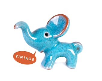 Walter Bosse Keramik Elefant - Vintage Karlsruher Majolika Original Mid Century Österreich Elefantenfigur, niedlicher Mini Blauer Dumbo mit Krakelierglasur