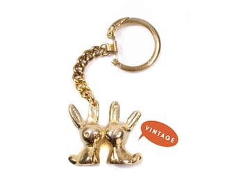 Walter Bosse Rabbit Friends Keychain - Vintage Mid Century Austria Key Ring, 1950s Brass Pair of Bunnies, Rabbit Lover, Pet Bunny Keyring