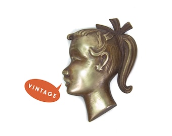 Richard Rohac Bust of Little Girl - Mid Century Bronze Girl Ponytail & Starburst Earring, Austrian Girl Head Wall Hanging Nursery Wall Decor