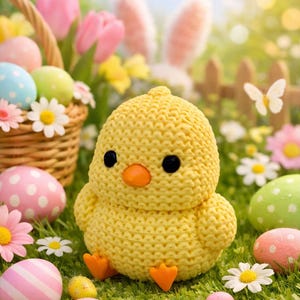 Peut inclure: Un poussin jaune tricoté avec des yeux noirs et un bec et des pieds orange est assis dans un champ herbeux. Des œufs de Pâques dans un panier et éparpillés sur l'herbe, ainsi que des fleurs et un papillon, créent une scène festive.