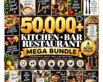 May include: A digital collection of 50,000+ printable wall art designs for kitchens, bars, and restaurants. The graphic features various food and drink imagery, including coffee, wine, pizza, and burgers, alongside text quotes like Good Food Good Mood.